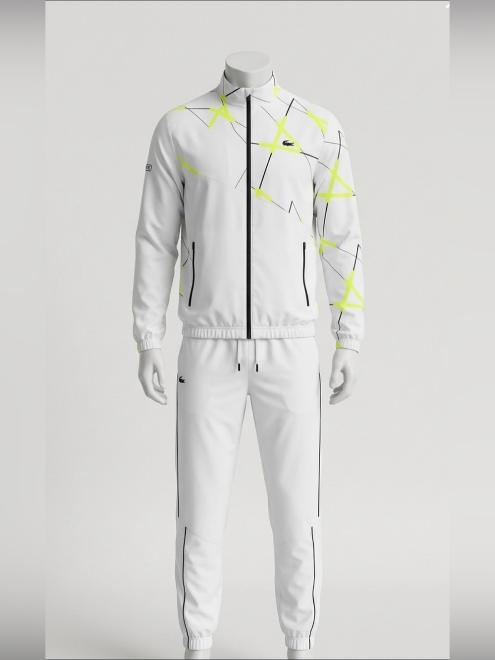 Lacoste White Track Suit Jacket & Pants Set with Neon Yellow Accents